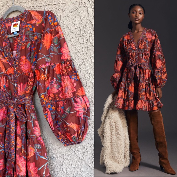 FARM RIO PETITE ANTHRO Floral Bird Printed Belted Puff Sleeve Tiered Mini Dress - Picture 10 of 17